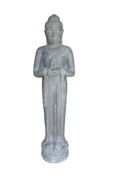 Stehender Buddha Rad der Lehre, Indien, 192 cm Höhe, Kunststein, hohl, handgefertigt & farbig. Eingefaerbt in der Farbe Antik-Finish 